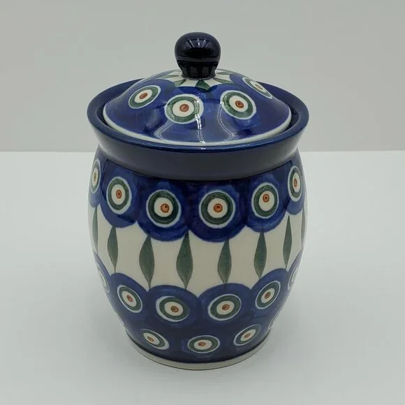 Polish Pottery Peacock Leaves Jar with Lid Peacock Sugar Bowl Small Lidded Jar - Picture 1 of 8